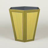 A hexagonal waste paper bin with hand painted faux panel decoration. Paint chart colour No. 15.