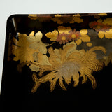 A rectangular Japanese black lacquer tray with floral gilt decoration. Probably early to mid 20th century on a modern stand.