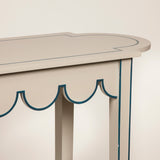 A tall D-end table with scalloped frieze and line detailing. Made to order. Bespoke size and finish available upon request.