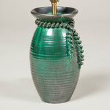 A green glazed Belgian studio pottery vase with applied cord decoration, wired as a lamp
