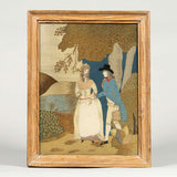 An 18th C. felt collage and embroidery picture of a courting couple in period pine frame.   HL