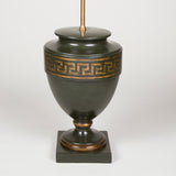 A large dark green pottery vase with a Greek key band to the top, wired as a lamp. 20th century.