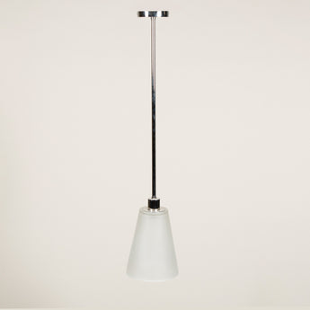 A pair of chrome pendant ceiling lights with mid-20th century frosted glass shades.