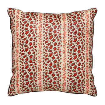 A PAIR OF SQUARE CUSHIONS MADE UP IN LEOPARD STRIPE RED.