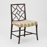 A SET OF SIX MID-20TH CENTURY COCKPEN DINING CHAIRS PAINTED IN THE 'BARK' PAINT AND WITH SEATS UPHOLSTERED IN LEOPARD STRIPE LIME GREEN.