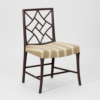 A SET OF SIX MID-20TH CENTURY COCKPEN DINING CHAIRS PAINTED IN THE 'BARK' PAINT AND WITH SEATS UPHOLSTERED IN LEOPARD STRIPE LIME GREEN.