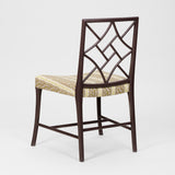 A SET OF SIX MID-20TH CENTURY COCKPEN DINING CHAIRS PAINTED IN THE 'BARK' PAINT AND WITH SEATS UPHOLSTERED IN LEOPARD STRIPE LIME GREEN.