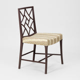 A SET OF SIX MID-20TH CENTURY COCKPEN DINING CHAIRS PAINTED IN THE 'BARK' PAINT AND WITH SEATS UPHOLSTERED IN LEOPARD STRIPE LIME GREEN.