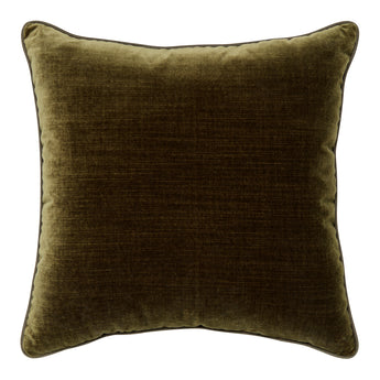 A RACING GREEN VELVET CUSHION PIPED WITH A CASHMERE PIPING, WITH A FEATHER AND DOWN PAD.