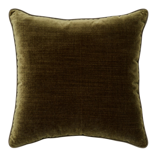 A RACING GREEN VELVET CUSHION PIPED WITH A CASHMERE PIPING, WITH A FEATHER AND DOWN PAD.