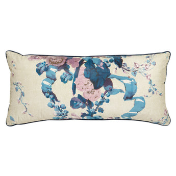A RECTANGULAR CUSHION MADE UP FROM A PANEL OF VINTAGE FLORAL FABRIC IN BLUES, PINKS AND PURPLE ON A GREEN VERMICELLI GROUND.