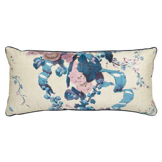 A RECTANGULAR CUSHION MADE UP FROM A PANEL OF VINTAGE FLORAL FABRIC IN BLUES, PINKS AND PURPLE ON A GREEN VERMICELLI GROUND.