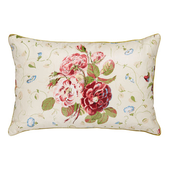 A LARGE CUSHION MADE UP IN THE COLEFAX AND FOWLER ROSES AND PANSIES CHINTZ.