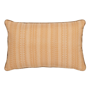 A RECTANGULAR CUSHION MADE UP IN A GOLD AND ECRU FEZ-TYPE DESIGN.