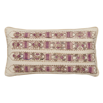 A PAIR OF RECTANGULAR CUSHIONS MADE UP FROM AN ANTIQUE PANEL IN PINKS AND BROWNS ON A BEIGE GROUND.