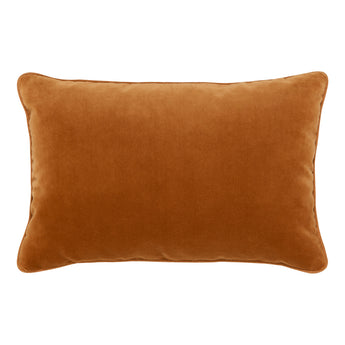A PAIR OF RECTANGULAR LUMBAR CUSHIONS MADE UP IN A RUST COLOURED VELVET.