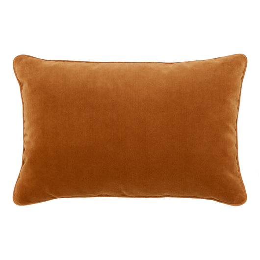 A PAIR OF RECTANGULAR LUMBAR CUSHIONS MADE UP IN A RUST COLOURED VELVET.