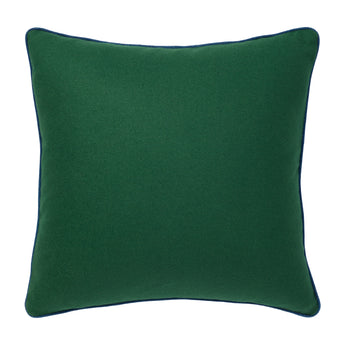 A  SQUARE CUSHION MADE UP IN A BOTTLE GREEN WOOL.