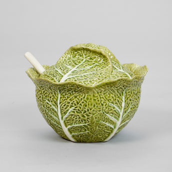 A GREEN GLAZED POTTERY TUREEN IN THE FORM OF A CABBAGE, WITH LID AND LADLE, 20TH CENTURY, PORTUGUESE.