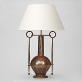 A LARGE METAL VASE WITH A TALL NECK, BULBOUS BASE AND ARMS TERMINATING IN RING HANDLES, WIRED AS A LAMP. 20TH CENTURY.