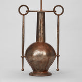A LARGE METAL VASE WITH A TALL NECK, BULBOUS BASE AND ARMS TERMINATING IN RING HANDLES, WIRED AS A LAMP. 20TH CENTURY.