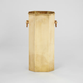 AN OCTAGONAL BRASS STICK STAND WITH RING HANDLES. MID-20TH CENTURY.