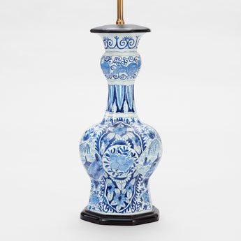 A PAIR OF DUTCH DELFT VASES WITH BULBOUS BODIES AND GARLIC-SHAPED NECKS, EARLY 20TH CENTURY, WIRED AS LAMPS.