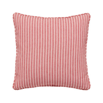 A PAIR OF SMALL SQUARE CUSHIONS MADE UP IN A RED STRIPED FABRIC.