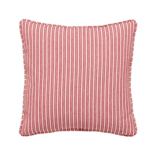 A PAIR OF SMALL SQUARE CUSHIONS MADE UP IN A RED STRIPED FABRIC.