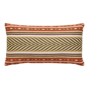 A SMALL LUMBAR CUSHION MADE UP IN A RED, GREEN AND BEIGE STRIPED FABRIC.