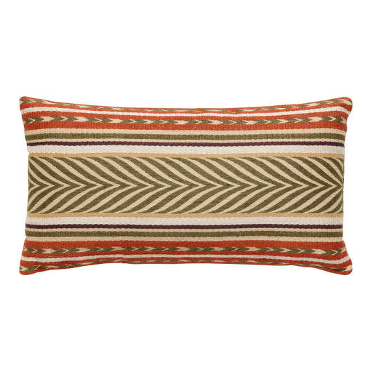 A SMALL LUMBAR CUSHION MADE UP IN A RED, GREEN AND BEIGE STRIPED FABRIC.