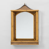 A MID 20THC BAMBOO AND RATTAN MIRROR WITH A PAGODA SHAPED TOP AND INTEGRAL SHELF TO THE BASE