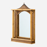 A MID 20THC BAMBOO AND RATTAN MIRROR WITH A PAGODA SHAPED TOP AND INTEGRAL SHELF TO THE BASE