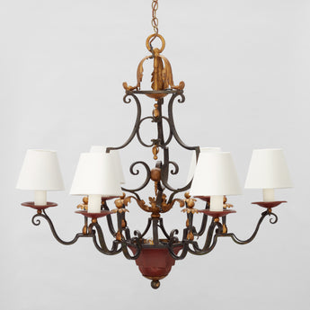 A LARGE SIX-BRANCH 19TH CENTURY FRENCH WROUGHT IRON CHANDELIER WITH PAINTED AND GILDED ELEMENTS, REWIRED.