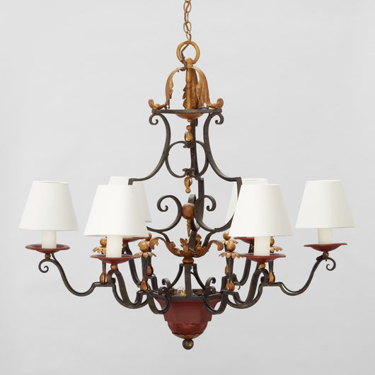 A LARGE SIX-BRANCH 19TH CENTURY FRENCH WROUGHT IRON CHANDELIER WITH PAINTED AND GILDED ELEMENTS, REWIRED.