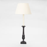 A PAIR OF ANGLO-INDIAN HARDWOOD CANDLESTICKS WITH GADROONING TO THE TOP AND BASE AND A STYLISED TULIP CUP TO THE BASE OF THE TAPERING STEM. WIRED A LAMPS.