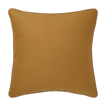 A  SQUARE CUSHION MADE UP IN A TOBACCO COLOURED WOOL.