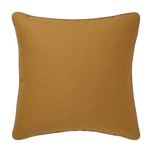 A  SQUARE CUSHION MADE UP IN A TOBACCO COLOURED WOOL.