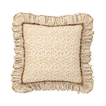 A  SQUARE CUSHION MADE UP IN SEAWEED BEIGE FABRIC WITH PINKED AND SCALLOPED FRILL.