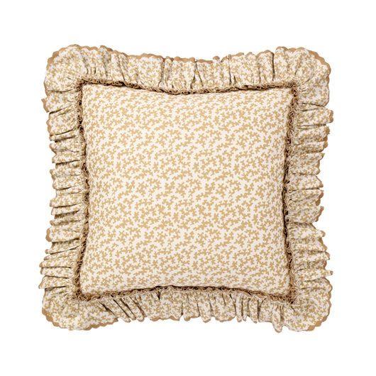 A  SQUARE CUSHION MADE UP IN SEAWEED BEIGE FABRIC WITH PINKED AND SCALLOPED FRILL.