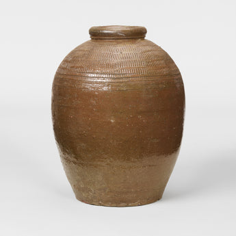 A PAIR OF OLIVE GREEN GLAZED POTTERY VASES.