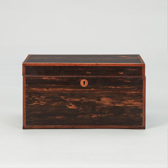 A RECTANGULAR COROMANDEL VENEERED BOX WITH A DIVIDED INTERIOR UNDER A HINGED LID. EARLY 19TH CENTURY.