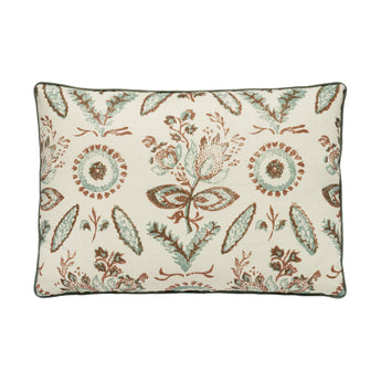 A PAIR OF RECTANGULAR CUSHIONS MADE UP IN THE TOIEL DE RIOM LINEN IN THE AQUA COLOURWAY.