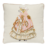 A NEEDLEPOINT CUSHION OF A COW IN A DRESS INSPIRED BY NANCY LANCASTER'S TABLECLOTH