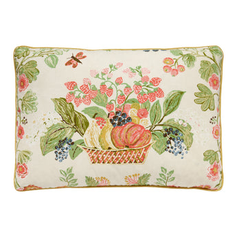 FIVE RECTANGULAR CUSHIONS MADE FROM AN ARCHIVE WARNERS PRINT OF BASKETS OF FRUIT AND FLOWERS.