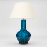 A TALL POTTERY VASE OF BULBOUS FORM WITH A DEEP TURQUOISE FLAMBE GLAZE, EARLY 19TH CENTURY CHINESE, WIRED AS A LAMP.