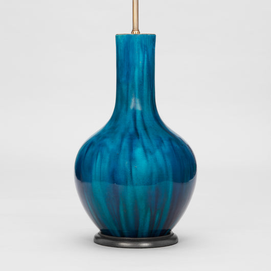A TALL POTTERY VASE OF BULBOUS FORM WITH A DEEP TURQUOISE FLAMBE GLAZE, EARLY 19TH CENTURY CHINESE, WIRED AS A LAMP.