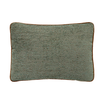 A PAIR OF LUMBAR CUSHIONS MADE UP IN A TEAL VELVET WEAVE PIPED IN A BROWN LINEN.