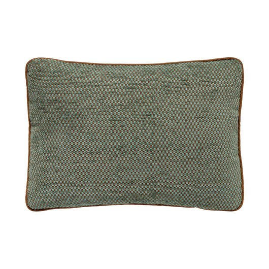 A PAIR OF LUMBAR CUSHIONS MADE UP IN A TEAL VELVET WEAVE PIPED IN A BROWN LINEN.
