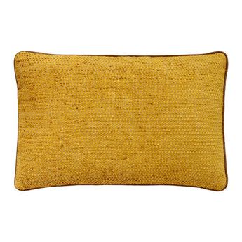 A LUMBAR CUSHION MADE UP IN A GOLD VELVET WEAVE PIPED IN A BROWN LINEN.